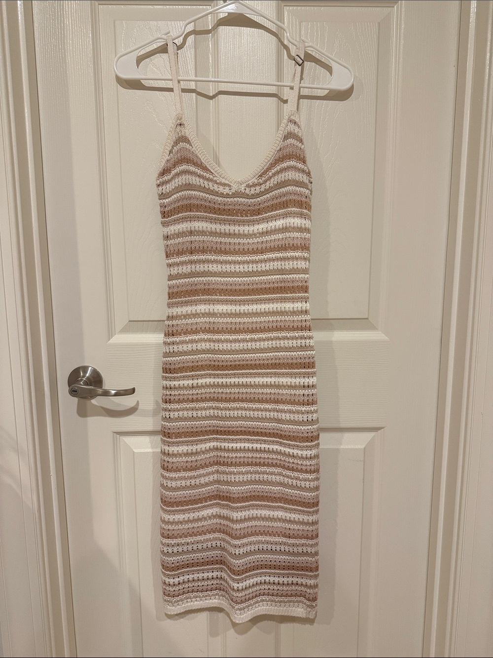 Olive & Oak Crochet Stripe Midi Dress in Cream and Brown
